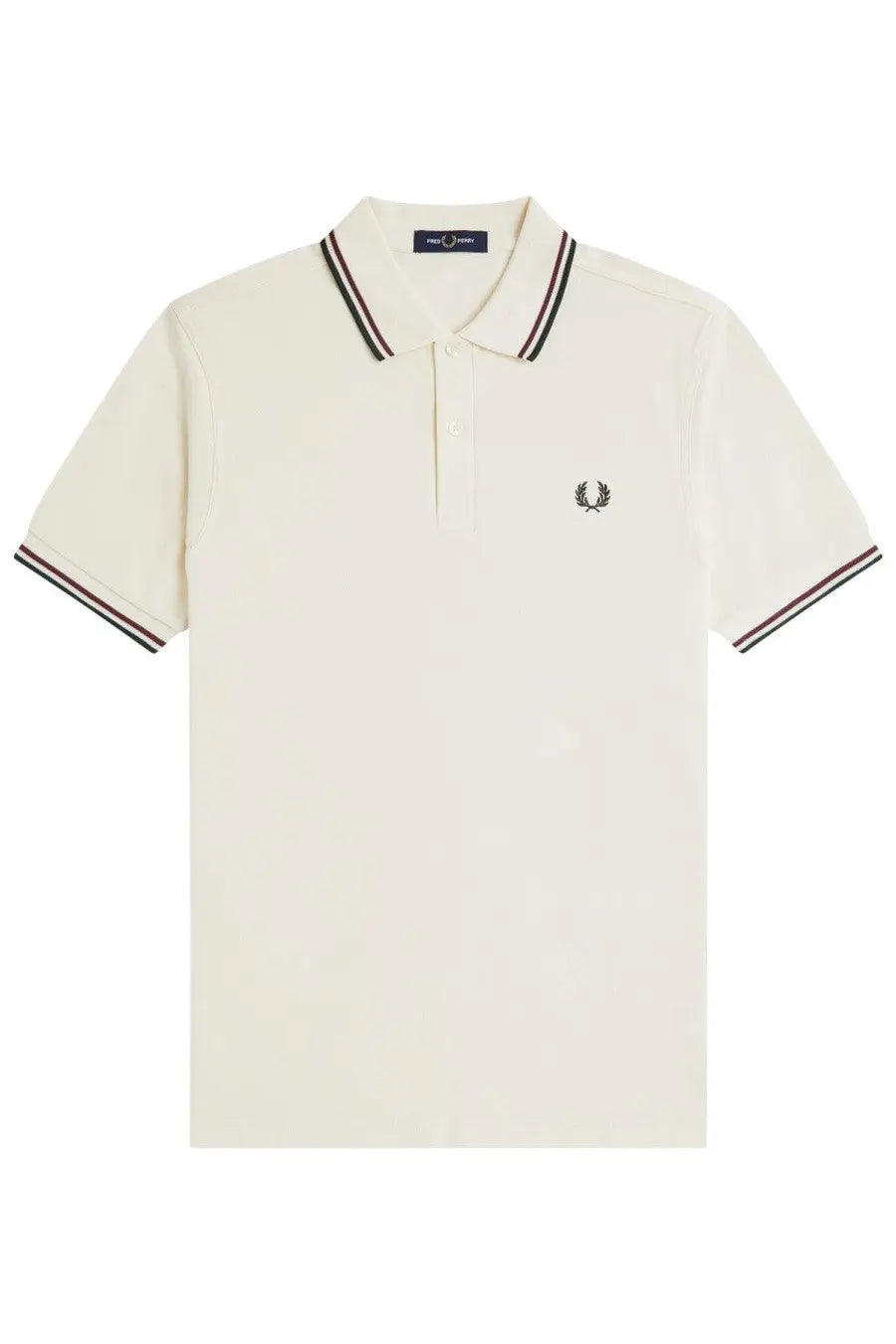 Fred Perry men’s cream polo shirt with black and white striped collar and sleeves and laurel wreath logo on chest