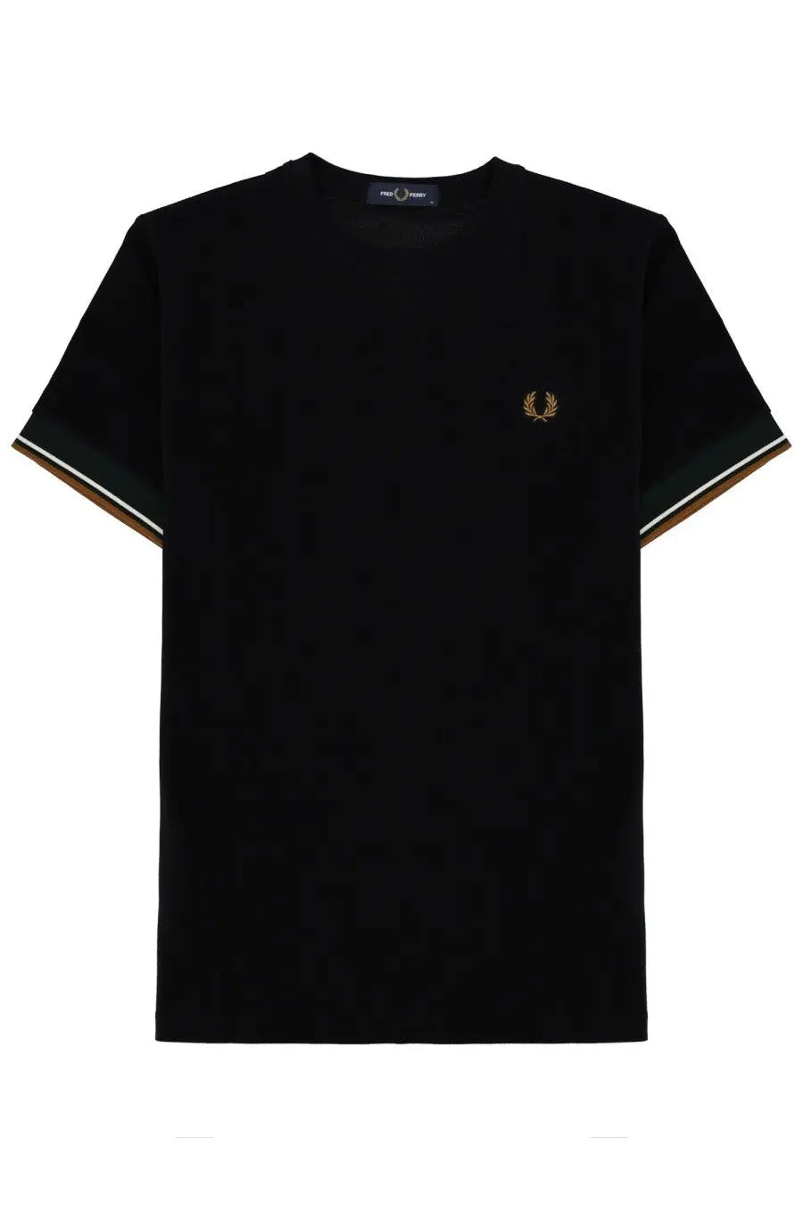Fred Perry men’s black t-shirt with gold embroidered laurel wreath logo and green white brown striped sleeve cuffs