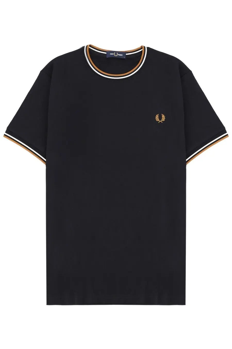 Fred Perry men’s black t-shirt with gold and white trim and embroidered laurel wreath logo on the chest
