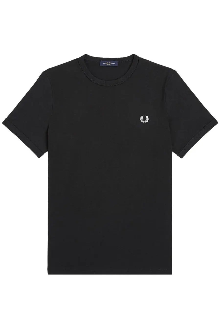 Black fred perry men’s t-shirt featuring a white embroidered laurel wreath logo on the left chest