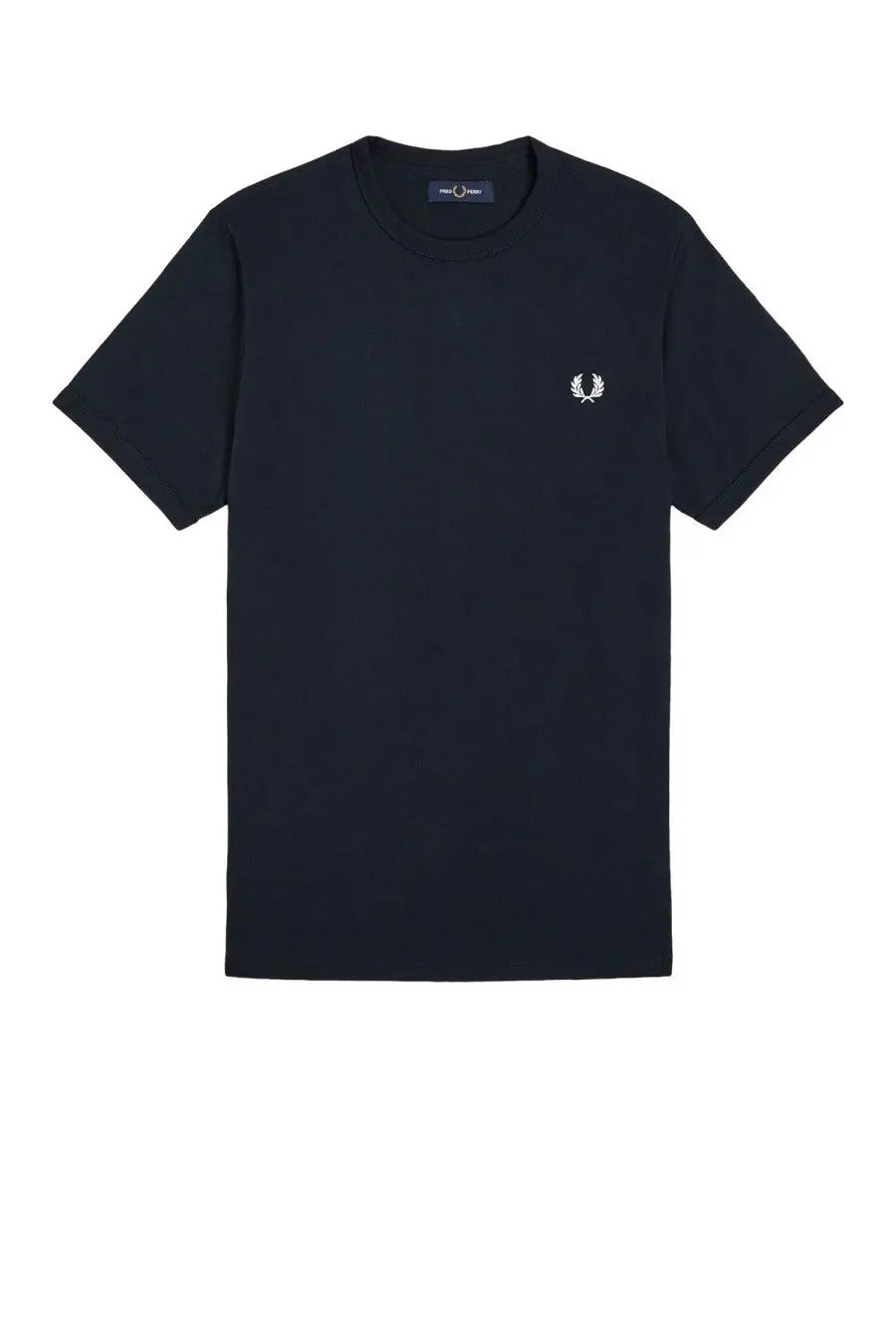 Black fred perry t-shirt with white embroidered laurel wreath logo on left chest in a fred perry men’s shirt blue product