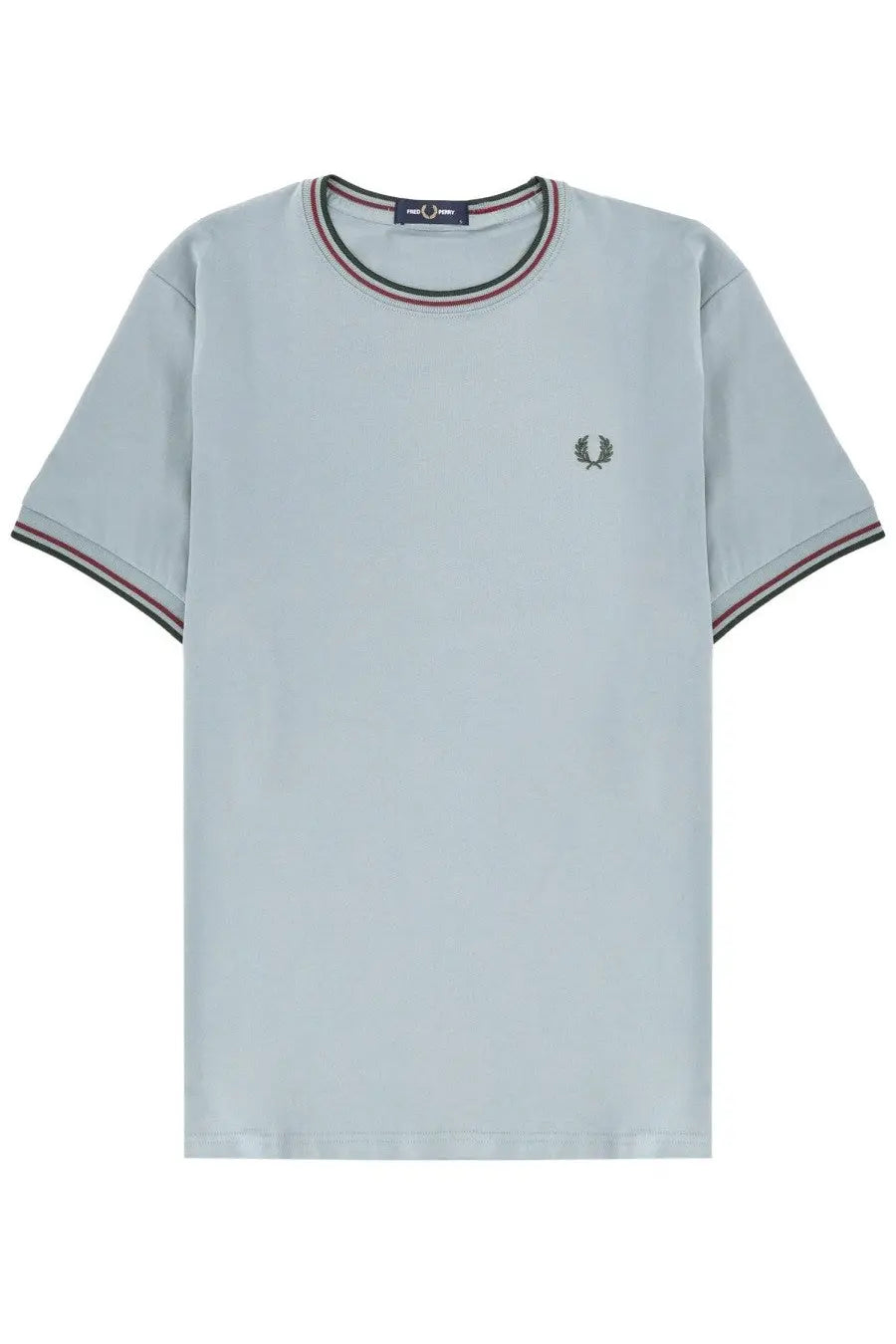 Light blue Fred Perry men’s short-sleeved t-shirt with classic round neckline and navy red white ribbed trim