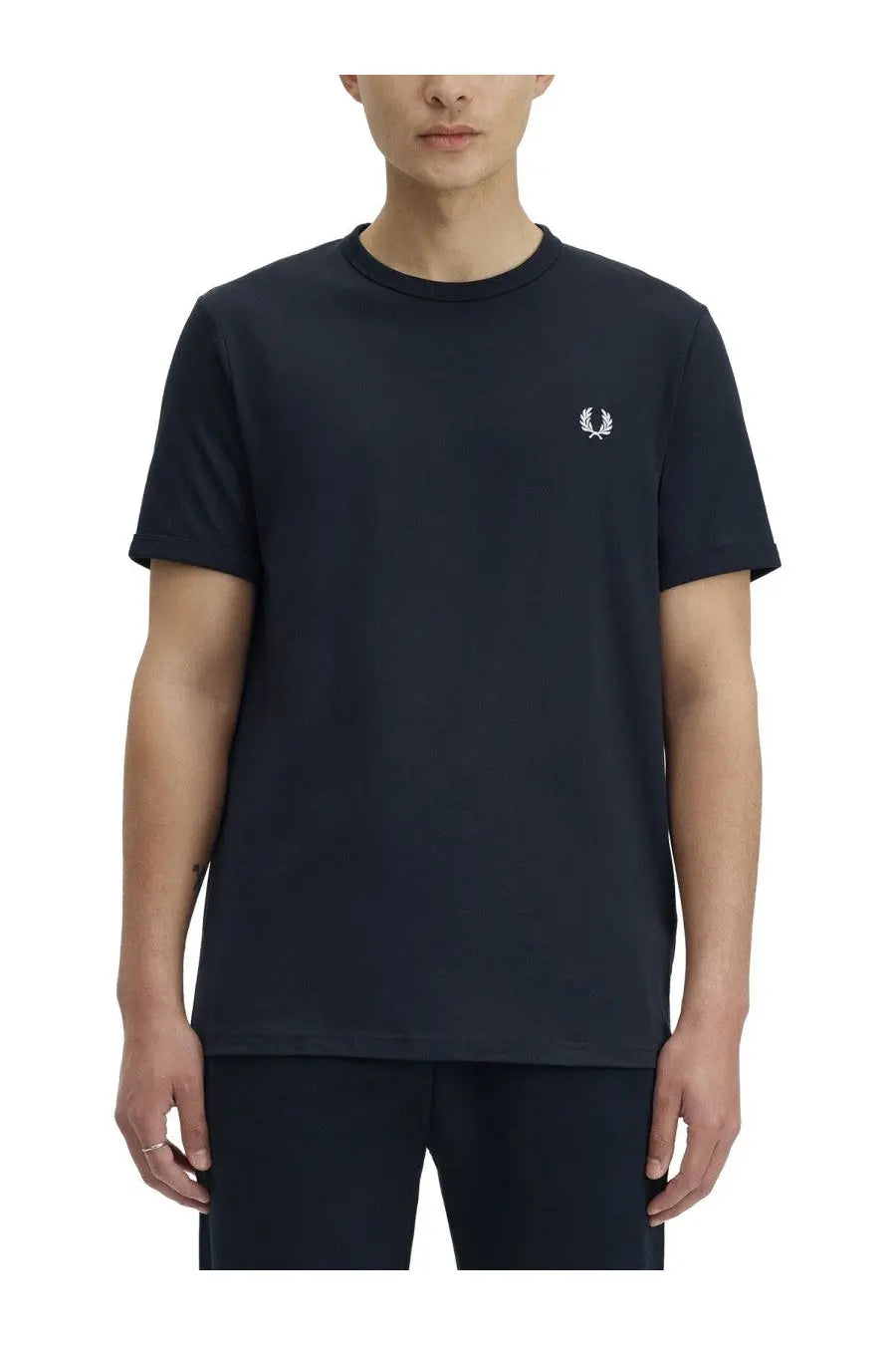 Navy blue Fred Perry men’s t-shirt with white embroidered laurel wreath logo on the left chest in cotton fabric