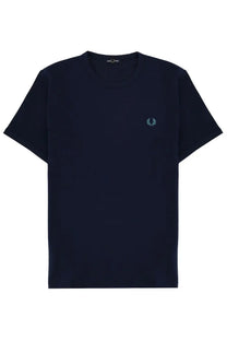 Navy blue Fred Perry men’s t-shirt featuring a small embroidered laurel wreath logo on the left chest