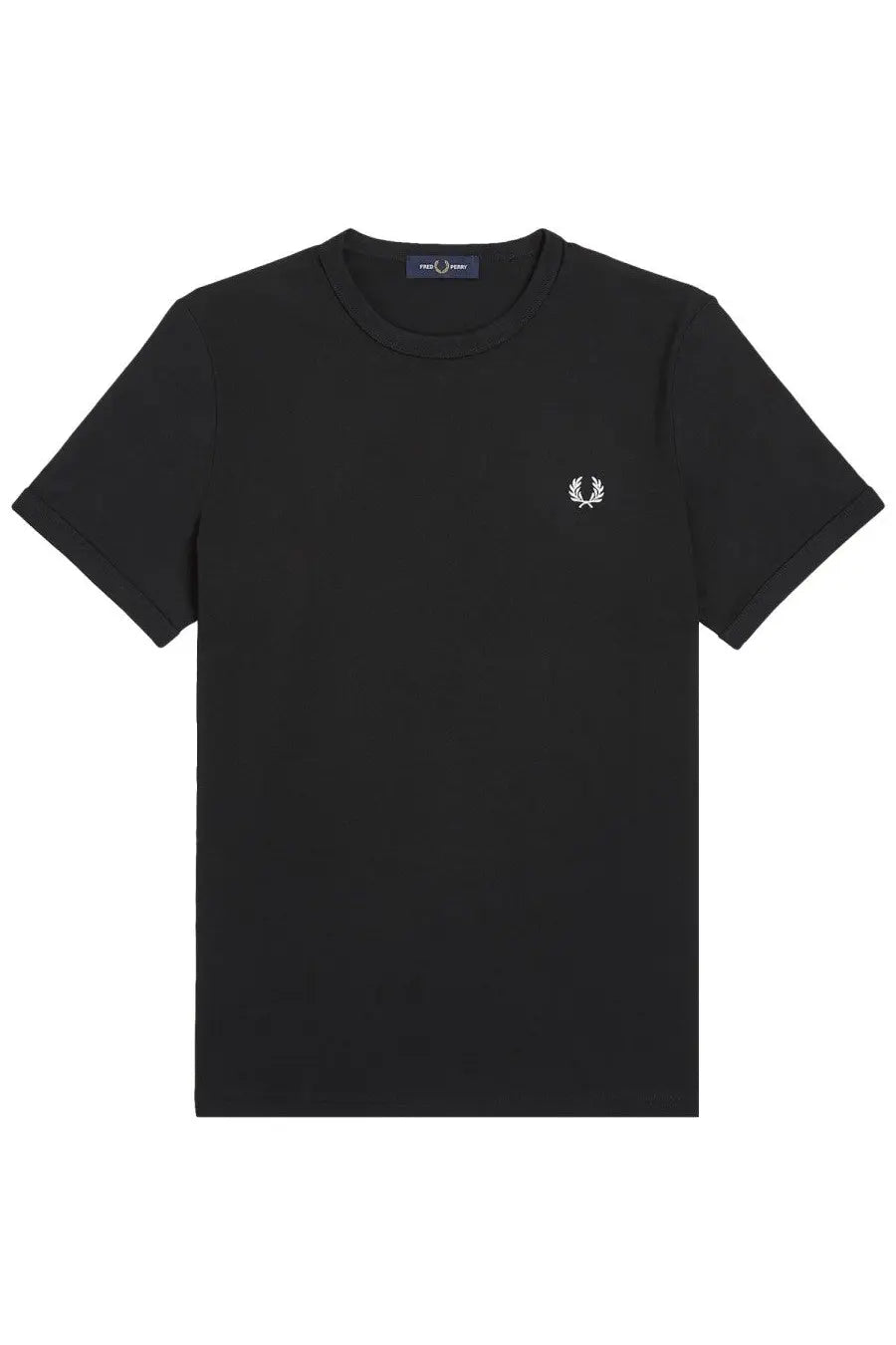 Fred Perry men’s black short-sleeved t-shirt with white embroidered laurel wreath logo on the left chest
