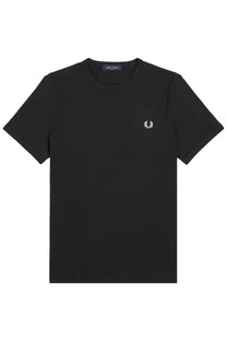 Fred Perry men’s black short-sleeved t-shirt with white embroidered laurel wreath logo on the left chest