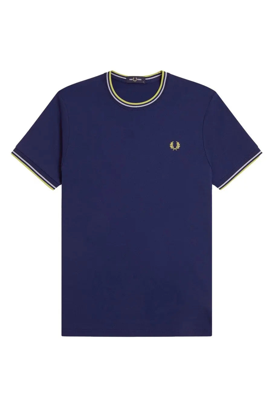 Navy blue fred perry men’s shirt with gold laurel wreath logo and white light green trim on neckline and cuffs