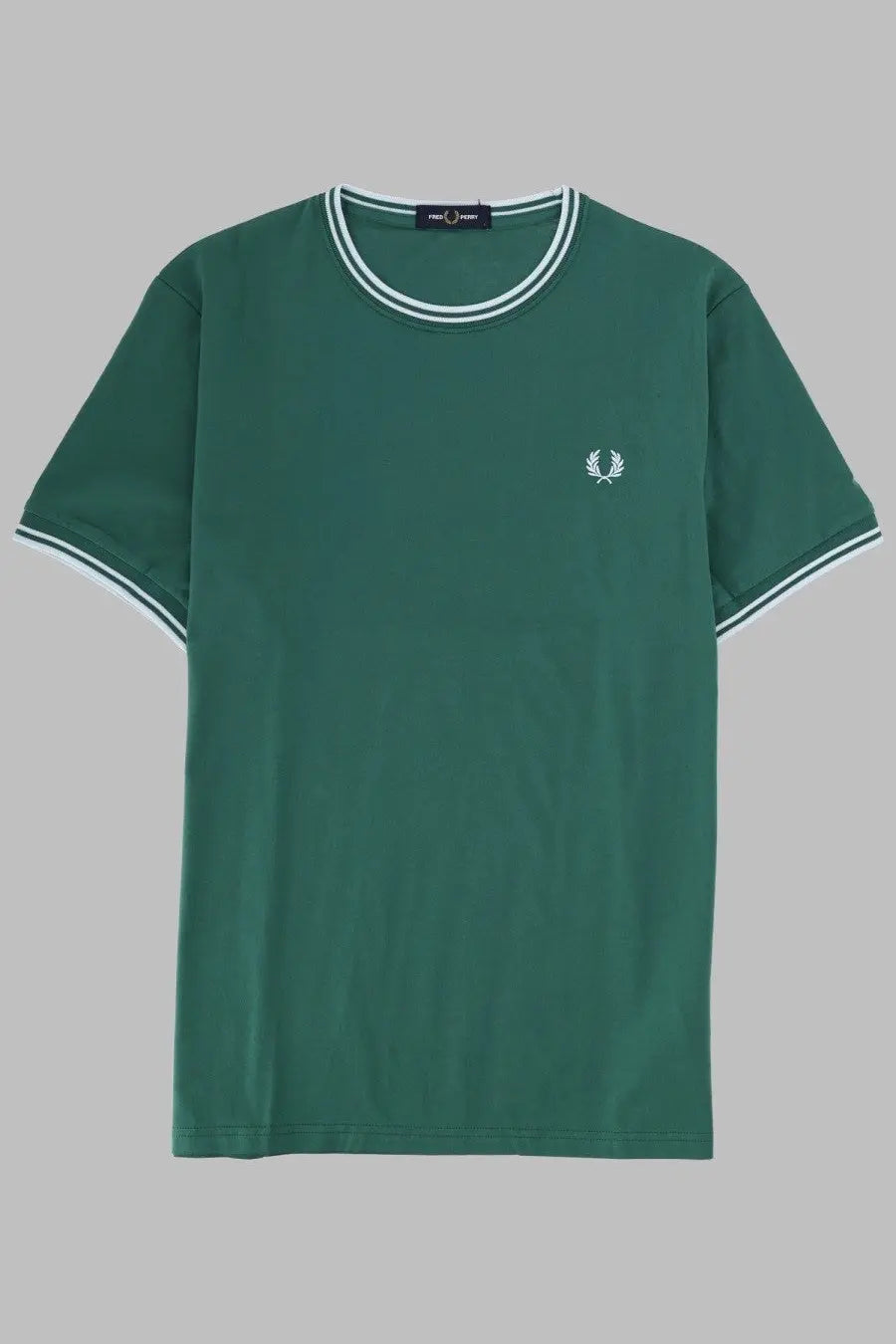 Fred Perry men’s dark green short-sleeved shirt with white trim and embroidered laurel wreath logo on chest
