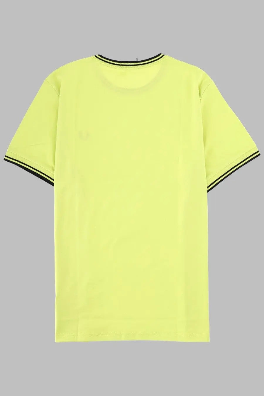 Fred Perry men’s neon yellow short-sleeved t-shirt with black trim on neckline and sleeve cuffs Con Doppia Riga style