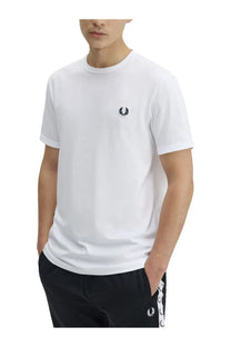 Fred Perry men’s white t-shirt with black embroidered laurel wreath logo on left chest in cotton material