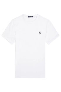Fred Perry men’s white cotton t-shirt with black embroidered laurel wreath logo on the left chest