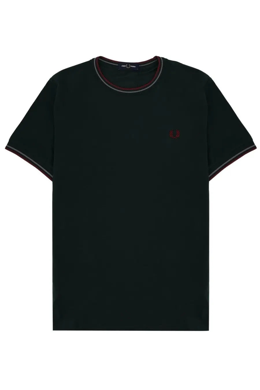 Black fred perry men’s t-shirt with red and white trim and small embroidered logo on the left chest