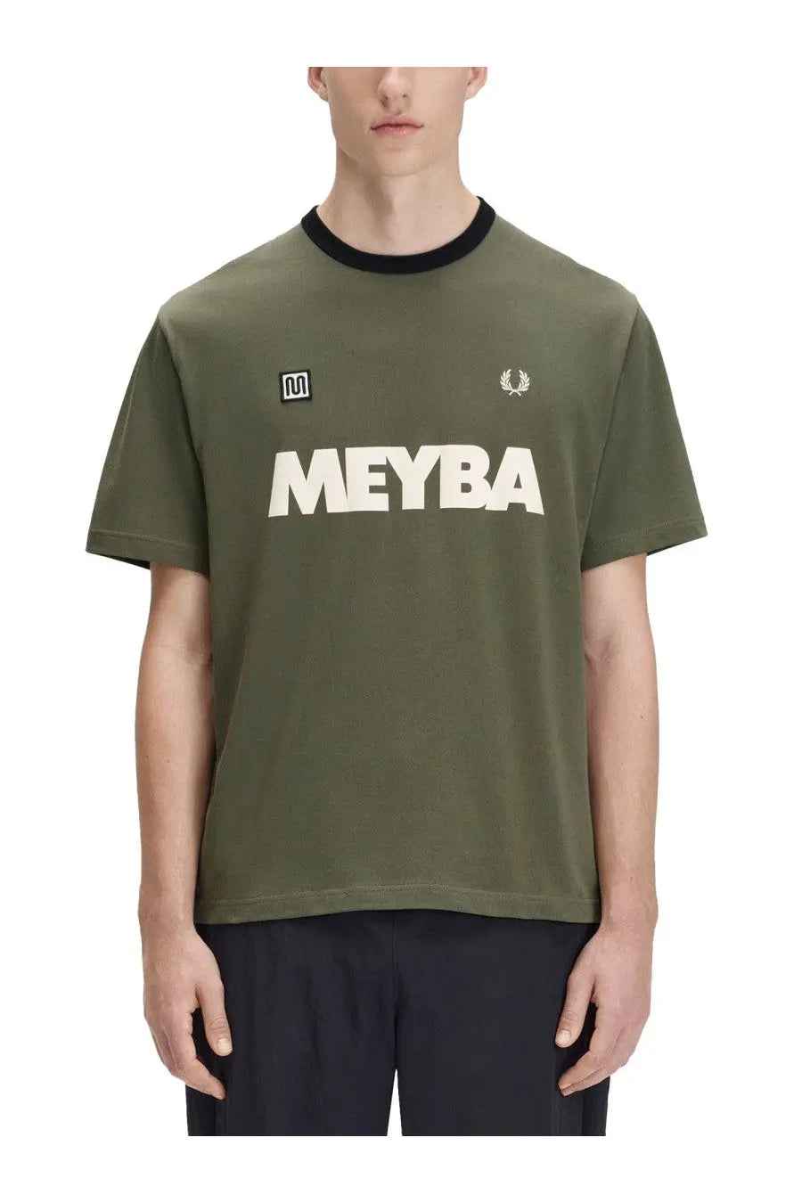Fred Perry men’s olive green short-sleeved t-shirt with black ribbed crew neck and white meyba lettering across chest