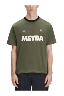 Fred Perry men’s olive green short-sleeved t-shirt with black ribbed crew neck and white meyba lettering across chest
