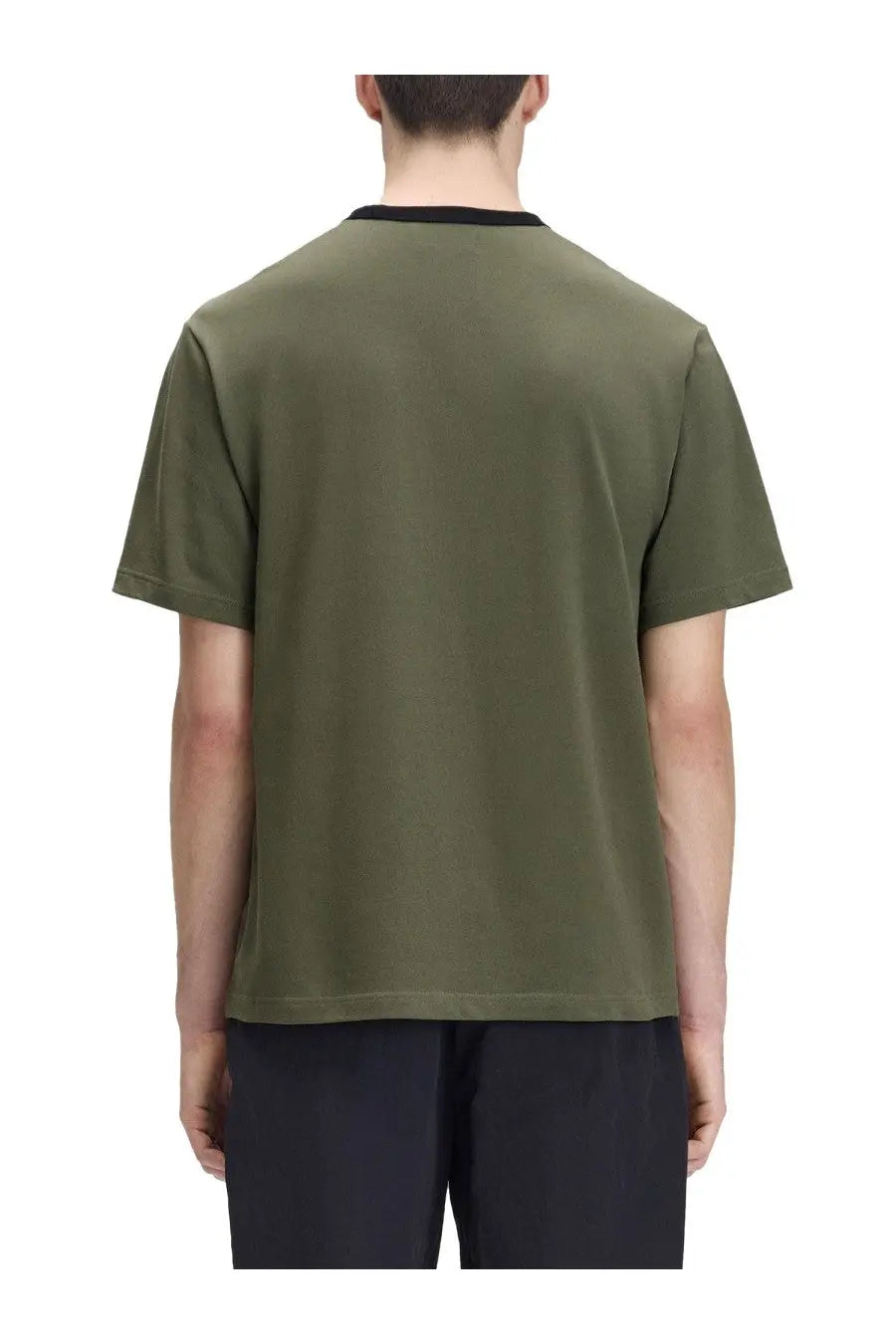 Fred Perry men’s olive green short-sleeved t-shirt with black ribbed crew neck ringer style Meyba green color
