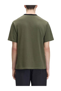 Fred Perry men’s olive green short-sleeved t-shirt with black ribbed crew neck ringer style Meyba green color