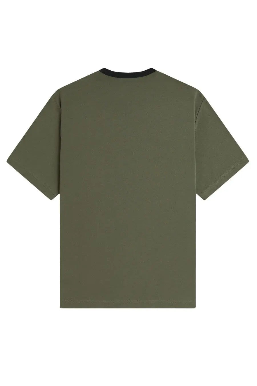 Fred Perry men’s olive green short-sleeved shirt ringer with black ribbed crew neck for casual wear