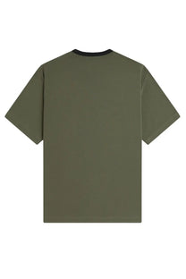 Fred Perry men’s olive green short-sleeved shirt ringer with black ribbed crew neck for casual wear