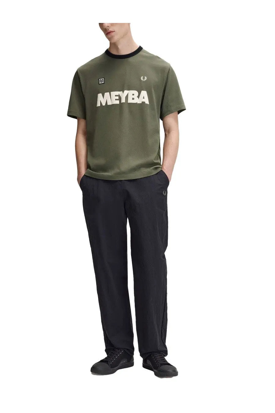 Fred Perry men’s olive green short-sleeved t-shirt with black ribbed crew neck and white meyba lettering