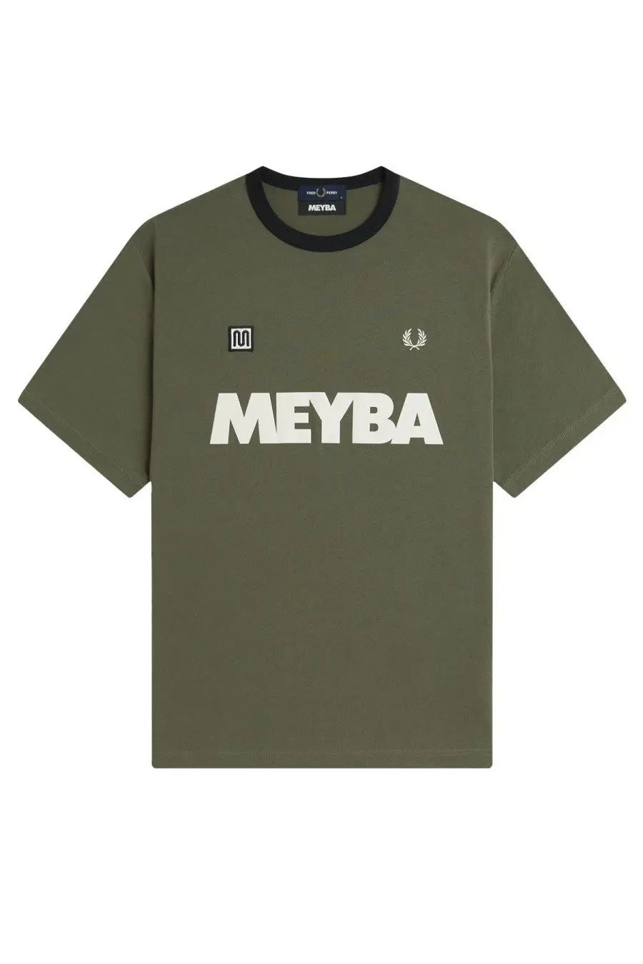 Fred Perry men’s olive green short-sleeved t-shirt with black ribbed crew neck and white meyba lettering on chest
