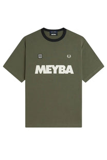 Fred Perry men’s olive green short-sleeved t-shirt with black ribbed crew neck and white meyba lettering on chest