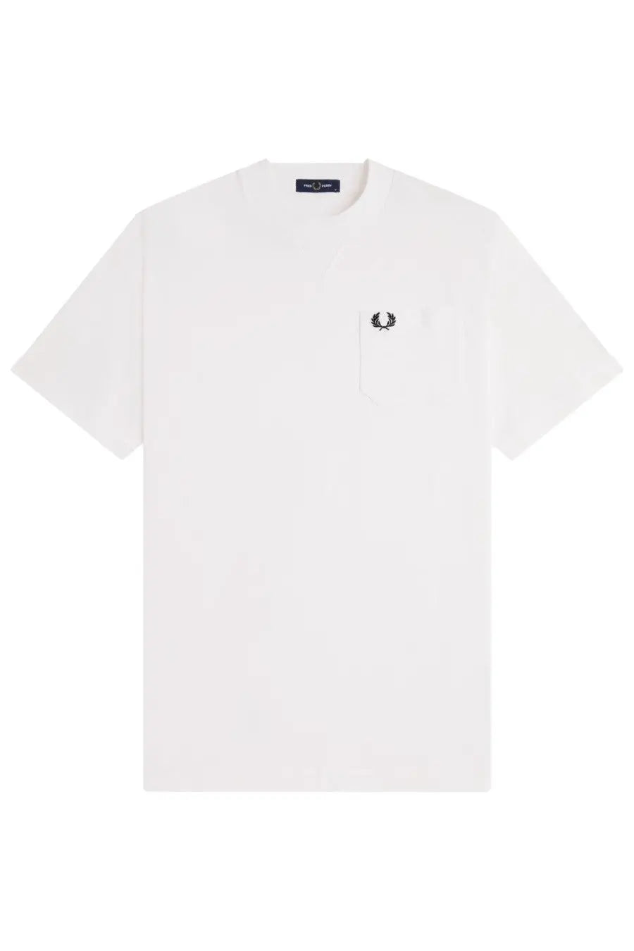 Fred Perry men’s white short-sleeved t-shirt with chest pocket and black embroidered laurel wreath logo
