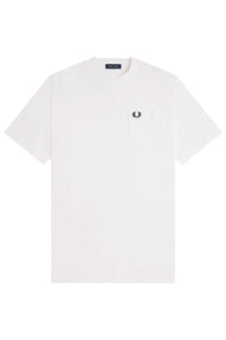 Fred Perry men’s white short-sleeved t-shirt with chest pocket and black embroidered laurel wreath logo