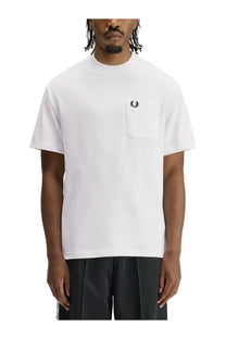 Fred Perry men’s white t-shirt with black embroidered laurel wreath logo on the left chest pocket