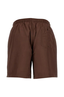 Brown fred perry men’s swimsuit backside showing elastic waistband and single back pocket shorts design