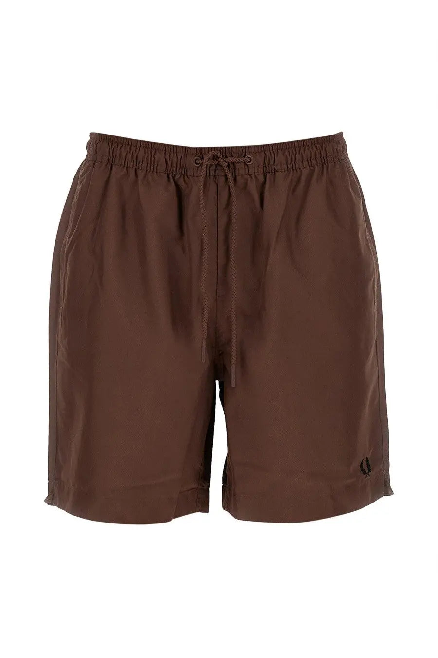 Fred Perry men’s swimsuit brown swim shorts with drawstring waistband and embroidered logo on lower left leg