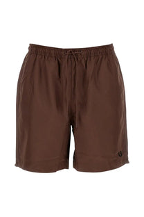 Fred Perry men’s swimsuit brown swim shorts with drawstring waistband and embroidered logo on lower left leg