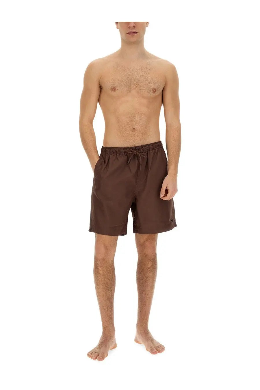 Fred perry men’s brown swim trunks with drawstring waistband and subtle side logo for beach and pool use