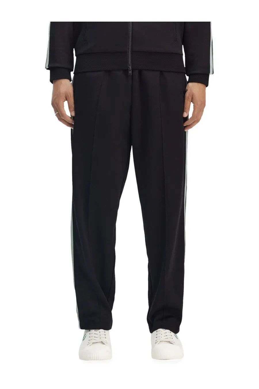 Fred Perry men’s black track pants with white side stripes designed for casual and athletic wear
