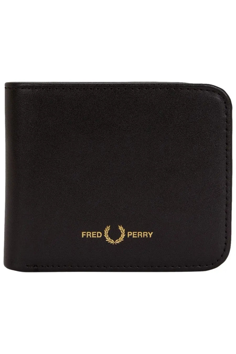 Black leather fred perry men’s wallet featuring a gold embroidered logo on the front side