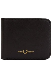 Black leather fred perry men’s wallet featuring a gold embroidered logo on the front side