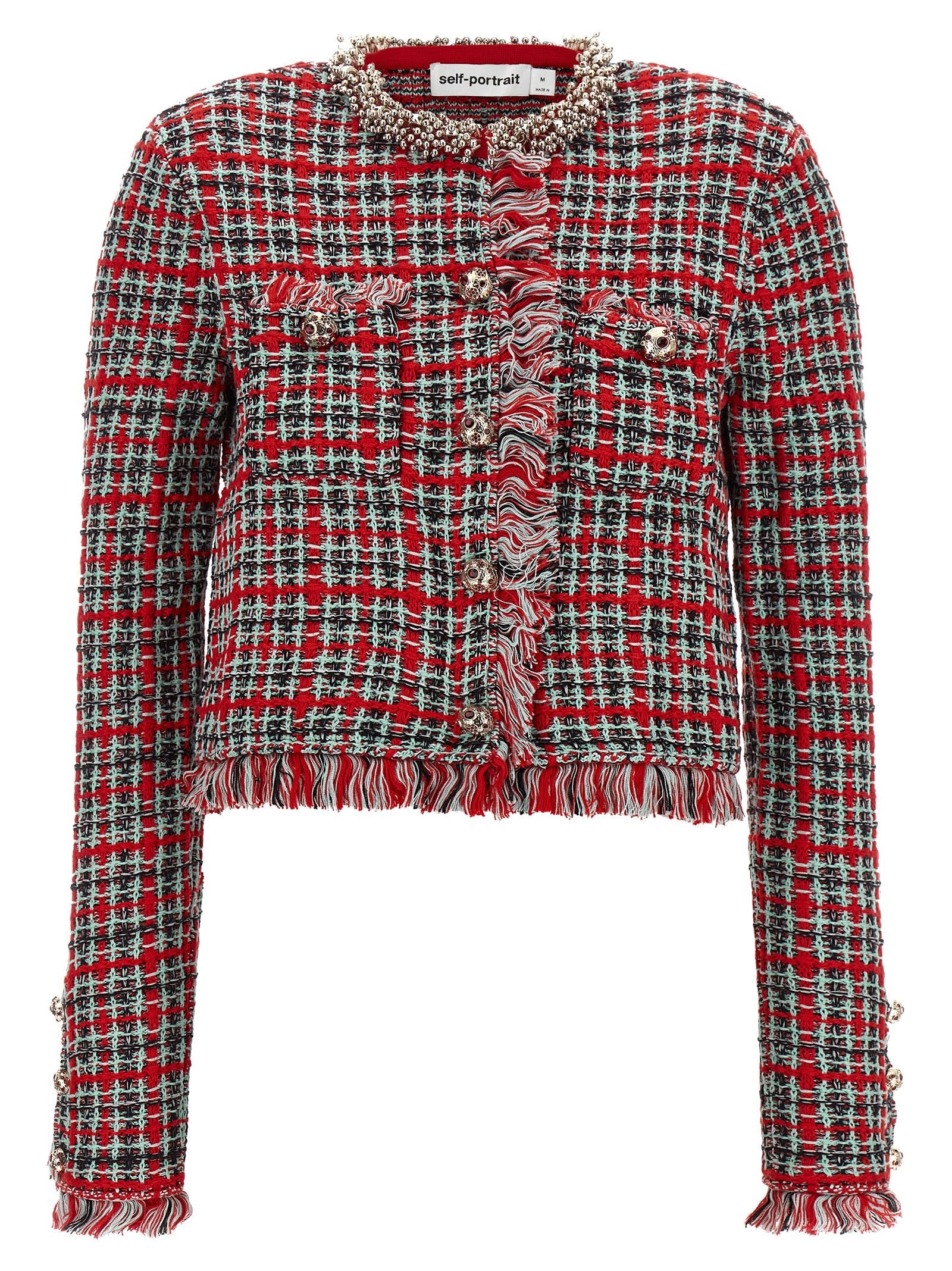 self-portrait Fringed Knit Jacket Red