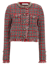 self-portrait Fringed Knit Jacket Red