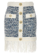 Balmain Fringed Tweed Skirt Blue
