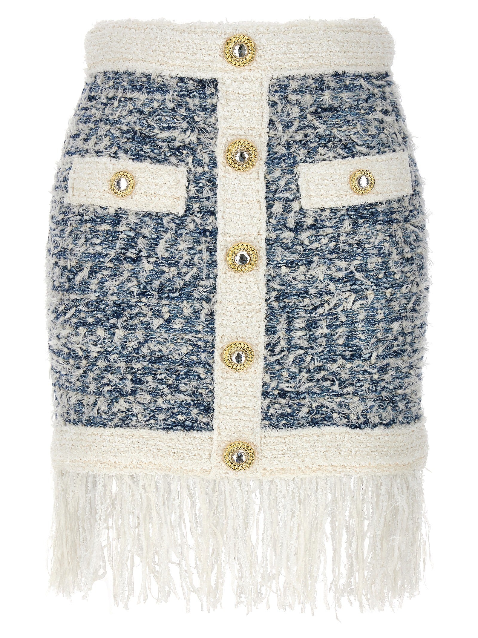 Balmain Fringed Tweed Skirt Blue