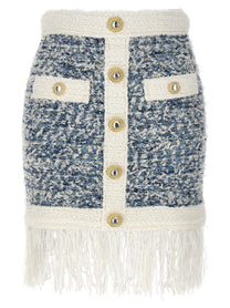 Balmain Fringed Tweed Skirt Blue