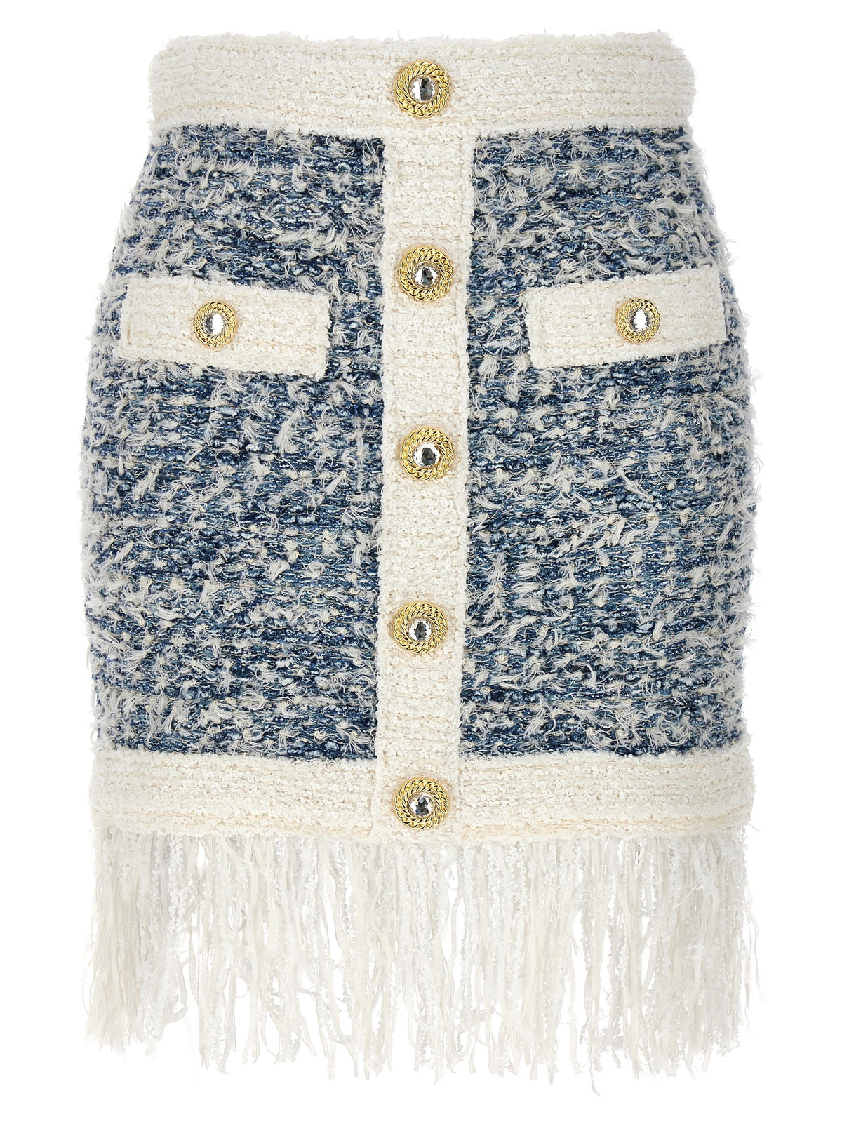 Balmain Fringed Tweed Skirt Blue