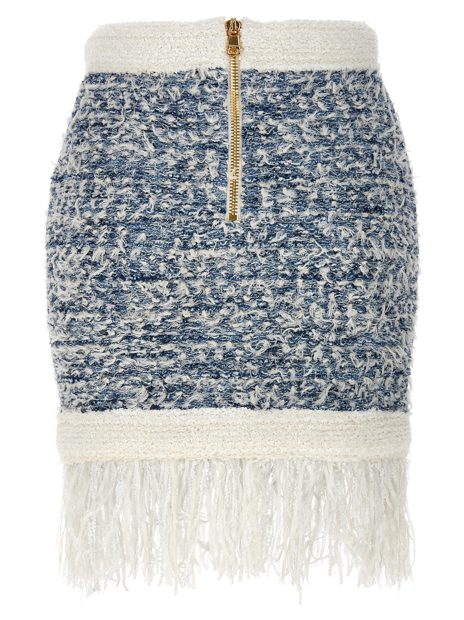 Balmain Fringed Tweed Skirt Blue
