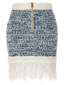 Balmain Fringed Tweed Skirt Blue