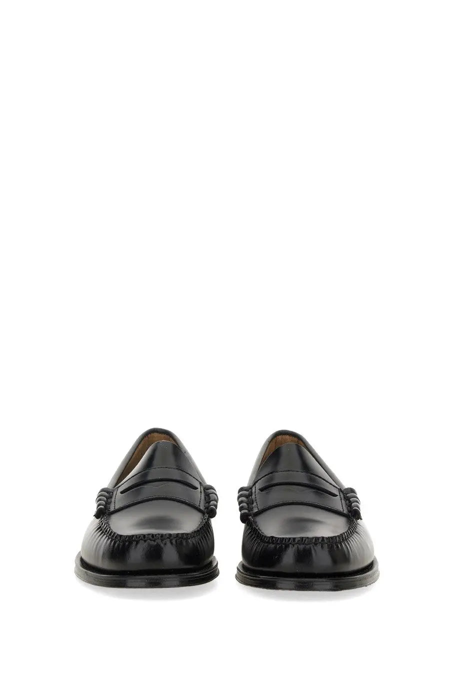 G.H. BASS men’s mocassino weejun heritage larson black leather loafers with polished finish and decorative toe stitching