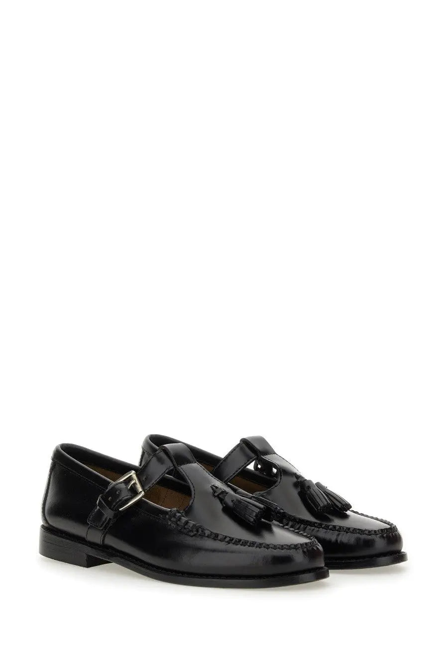 G.H. Bass women’s black patent leather Mary Jane loafer with tassels silver buckle and decorative stitching