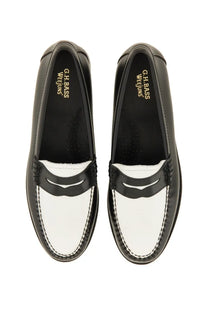 Black and white leather loafers with classic two-tone design and contrasting stitching from g.h. bass womens moccasin weejuns penny black