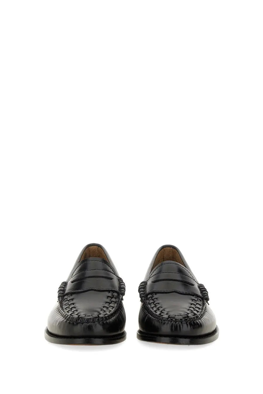G.H. BASS women’s penny loafer black leather with glossy finish and intricate braided detailing along the toe
