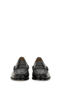 G.H. BASS women’s penny loafer black leather with glossy finish and intricate braided detailing along the toe