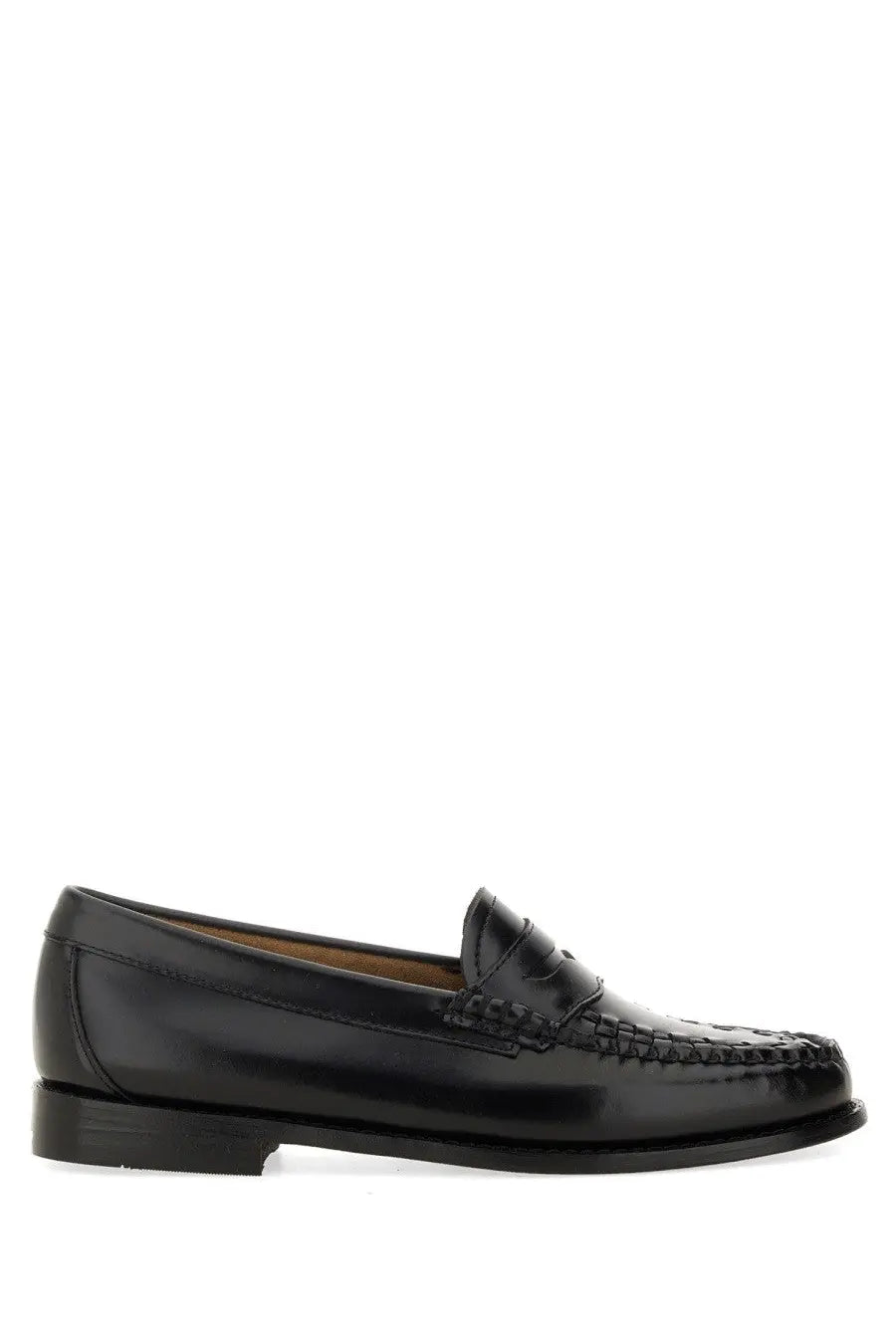 G.H. Bass women’s black patent leather penny loafer with woven texture detail across the toe