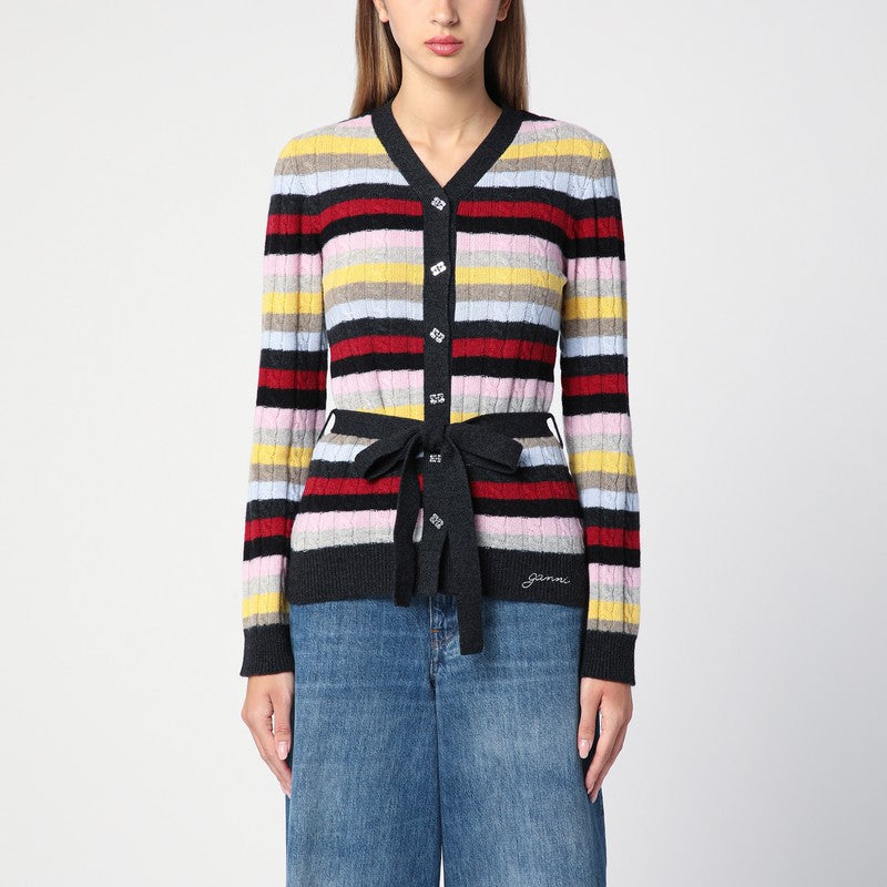 Ganni - GANNI Multicoloured striped cardigan with belt - Women’s Knitwear